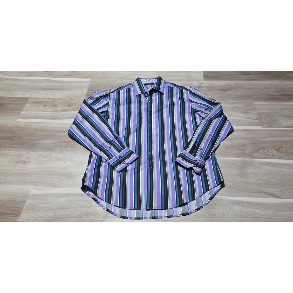 Robert Graham Men's L Purple Blue Striped Embroidered Button-Up Shirt